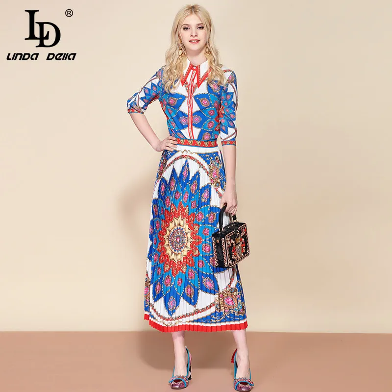 

LD LINDA DELLA 2019 Fashion Designer Vintage Two Pieces Set Summer Women's Sets Printed Blouses + Midi Pleated Skirts Sets Suits
