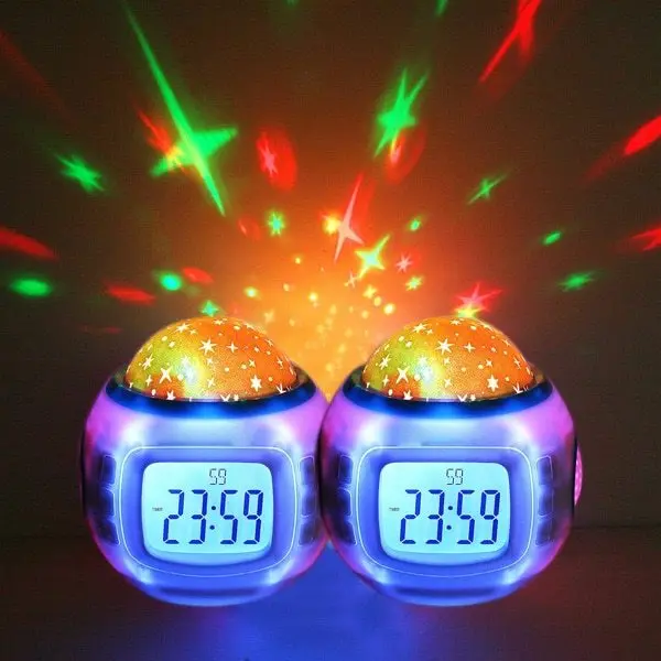 Us 8 54 42 Off Alarm Clock Children Sleep Desktop Clock Music Digital Clock Starry Sky Star Projection Calendar Thermometer For Kids Bedroom In