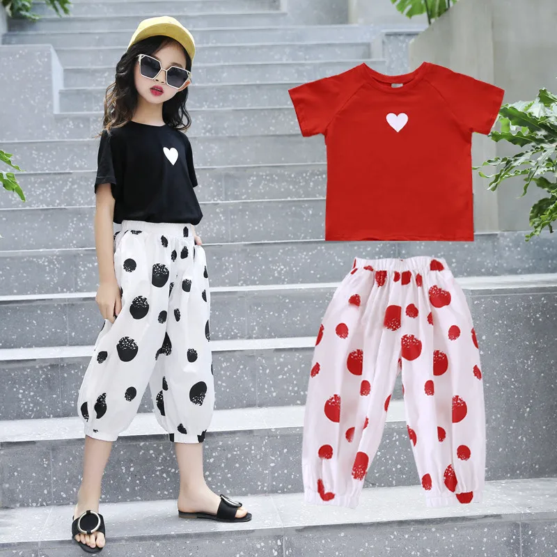 

JMFFY 2019 Summer Girls Clothes Sets Baby Girl Short Sleeve Shirt Top+Pants Suits Kids Clothing Casual Children's Clothes 4-15T