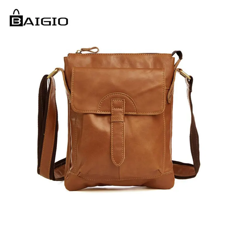

Baigio Men's 2017 Brand Retro Handbag Genuine Leather Shoulder Bags Vintage Brown Cowihde Slim Tablet PC Leather Messenger Bag