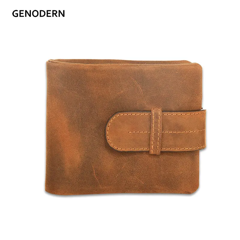 GENODERN Crazy Horse Leather Men Wallets Vintage Brown Leather Wallets for Men with Buckle ...