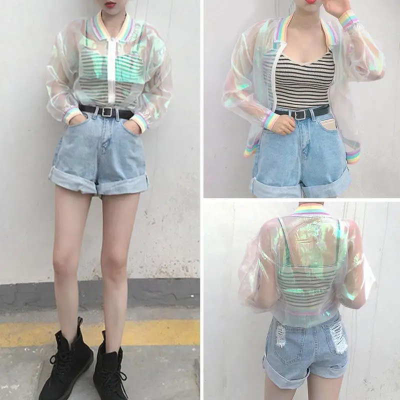 

Harajuku Women Summer Jacket Laser Rainbow Symphony Hologram Women Coat Iridescent Transparent Bomber Jacket Sunproof Basic Coat