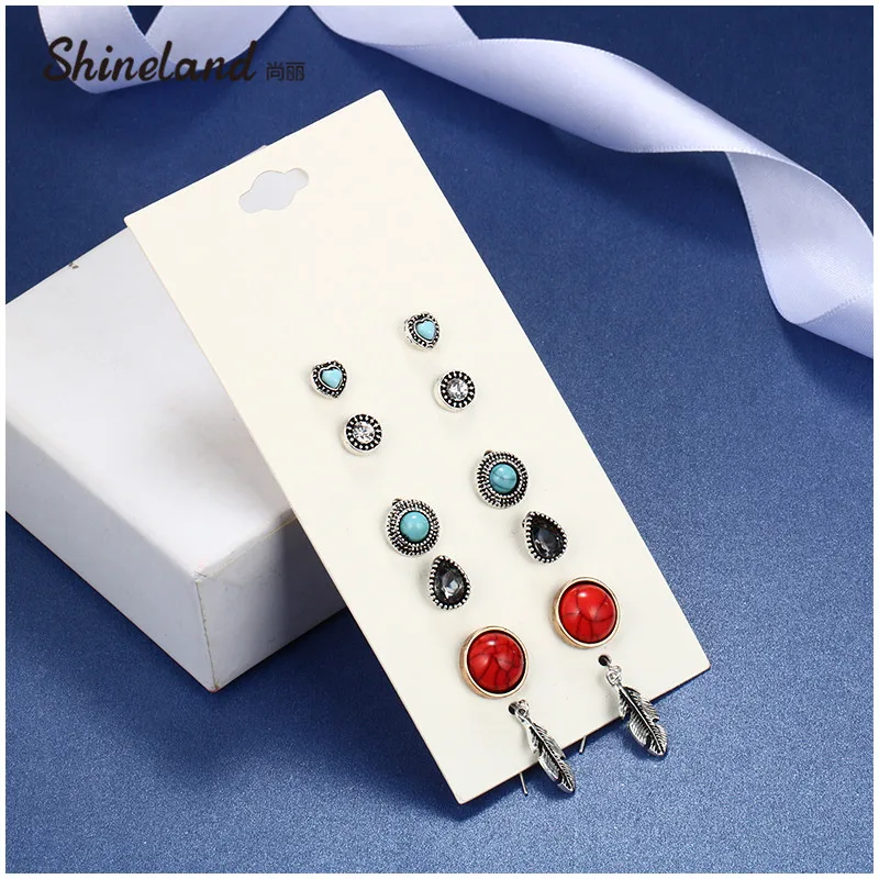 Shineland Fashion Accessories Stud Earring Sets 6 Pairs Round Waterdrop Leaves Resin Stone Crystal Earrings For Women Brincos | Украшения и