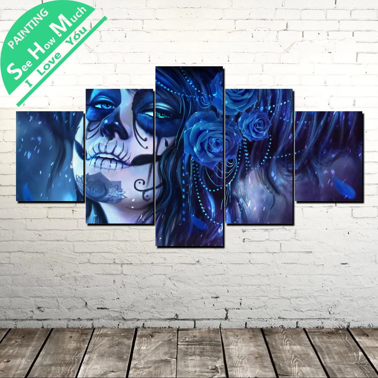 5 Piece Blue Sugar Skull Modern Artwork Wall Art Canvas Poster and