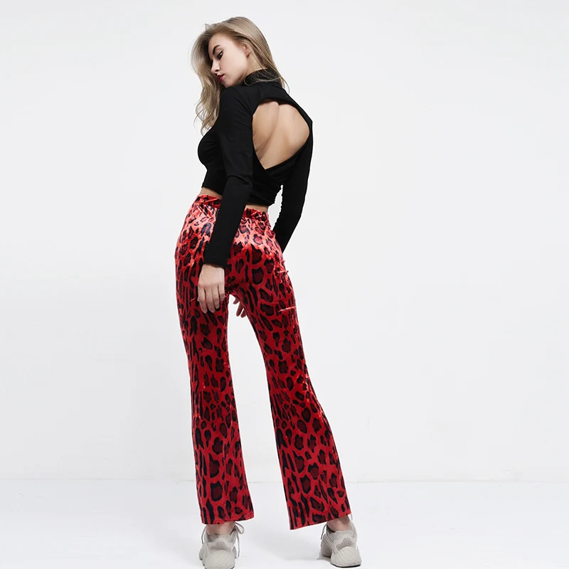 Сексуальные модные красные леопардовые расклешенные брюки для женщин осень зима брюки с высокой талией женские брюки высокая уличная одежда