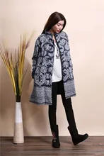 2015 Winter chinese style retro frog women windbreaker cotton linen flocking cotton-padded jacket dust trench coat