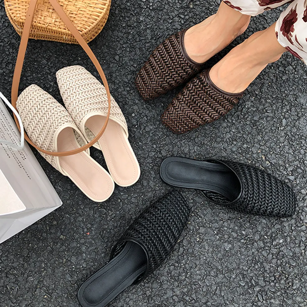 

2019 Women Slippers Spring Summer Cane Weave Mules Shoes Outside Beach Flat Slides Square Slip On Half Slipper Shoes