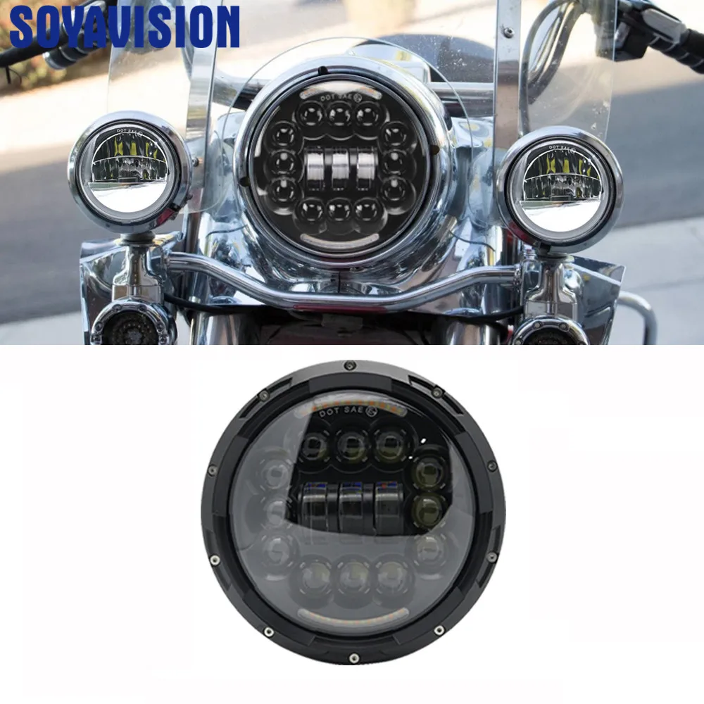 DOT 90W 7 inch Motor LED Projector Headlight with Angle Eyes For Harley Davidson Motorcycles Black/Chrome |