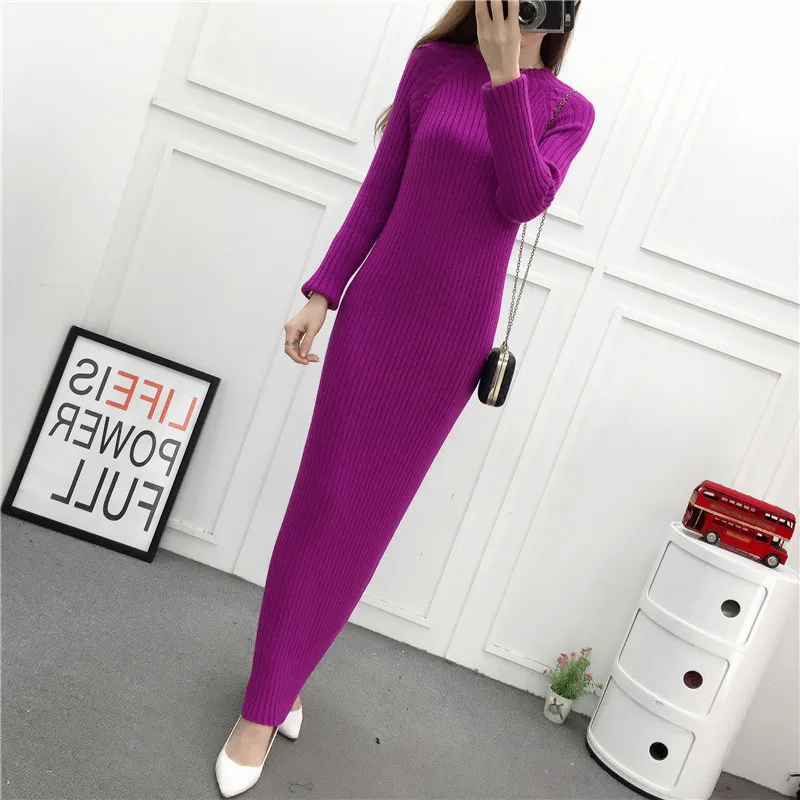 

Autumn Winter Women Long Dress Women Casual Dress Turtleneck Solid Color Long Sleeved Knitting Dress Loose Women Robe YoYiKamomo