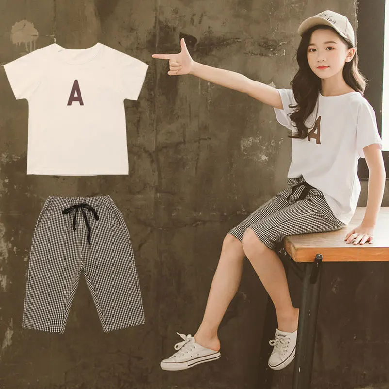 Conjuntos de Roupas Camiseta + Shorts Roupas da Menina Novas Meninas Verão Menina Manga Curta 2 Pcs Ternos Crianças 2020 15 menina manga curta camiseta + shorts 2