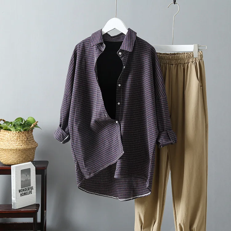  Women Vintage Blouse Plaid Shirts Boho Style OG0698