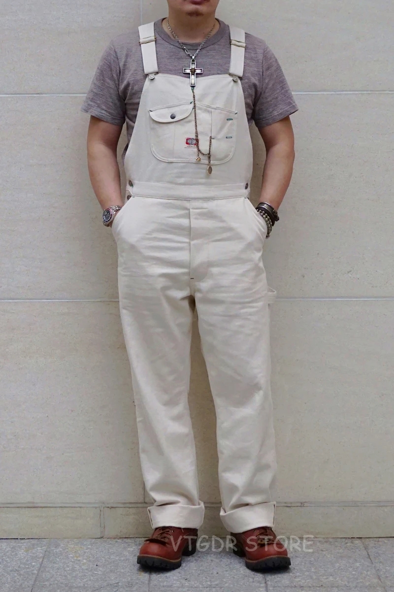 BOB DONG 40s Three-In-One Pocket High Back Vintage Overalls Men's 13oz Denim Jumpsuit White Cottonseed Hulls 6