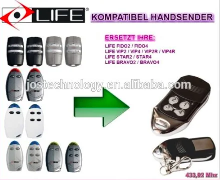 

Replacement for LIFE FIDO2 / FIDO4 / VIP2 / VIP4 / VIP2R / VIP4R / STAR2 / STAR4 / BRAVO2 / BRAVO4 garage door remote 433,92MHZ