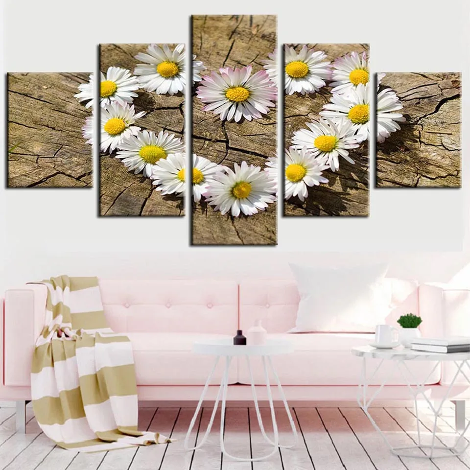 

Home Decor Canvas Watercolor HD Print 5 Piece Heart Shaped Flower Painting Modular Picture Wall Art Poster for Girls Room Framed