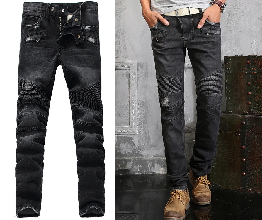 Francia Punk Moto Biker Jeans hombre delgado algodón ajuste Vintage hombre vaqueros mezclilla plisada famosa marca con Logo #901|pant straps|pants jacketpant denim - AliExpress