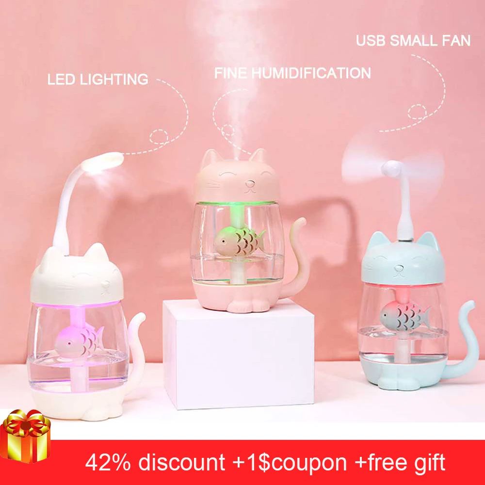 Billig Ultraschall luftbefeuchter 350ml Diffusor Ultraschall USB Katze Cool Nebel Entzückende Mini Fan mit LED licht für Home büro