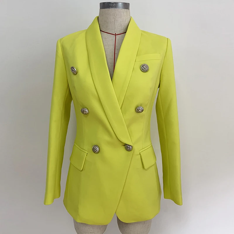 High Quality 2019 Designer Yellow Women's Jacket Blazer Coat Double Breasted Metal Buttons Long sleeve Office Blazers Outerwear