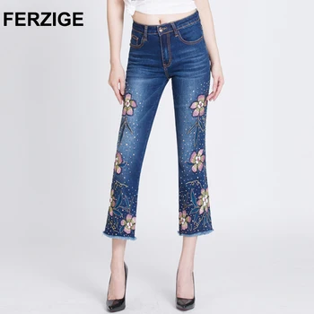 

FERZIGE Women Jeans with Embroidery High Waist Stretch Slim Fit Bell Bottoms Flares Sequined Rhinestones Boot Cut Elegant Woman