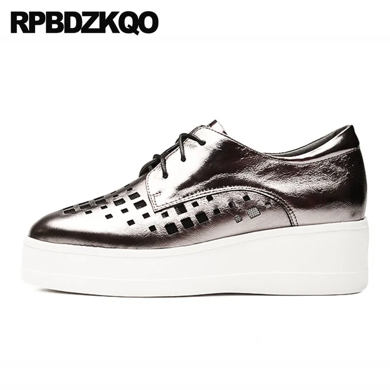

Hollow Out Mesh Muffin Creepers Designer Shoes Women Luxury 2018 Wedge Real Leather Fashion Sandals Elevator Platform Metallic