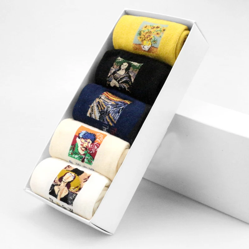 

2018 Modern Renaissance Funny Women Socks Van Gogh Sunflower The Scream Painting Cotton Art Socks Female Mona Lisa Socks Female