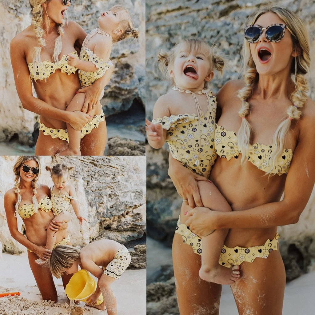 Семейный купальный костюм для мамы и дочки, женский, Детский комбинезон без рукавов с цветочным принтом для маленьких девочек, пляжный купальник-бикини, хит лета