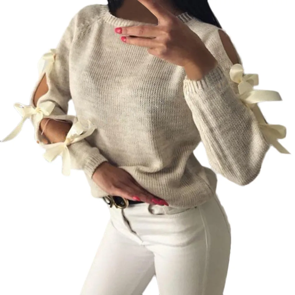 Женский Повседневный однотонный пуловер с галстуком-бабочкой, свободный свитер, джемпер, топы, трикотаж, Женский однотонный вязаный свитер с кружевным узлом