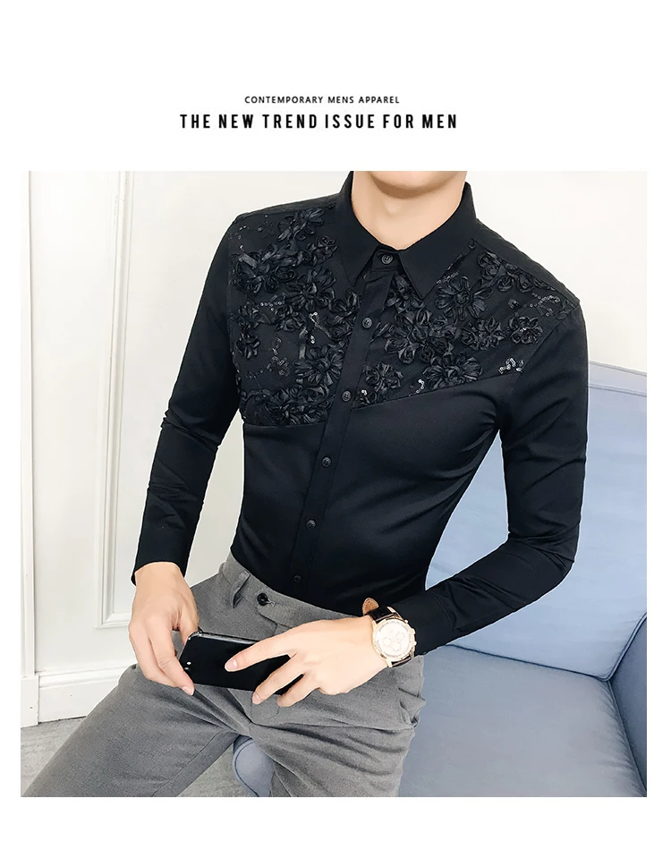 Повседневное Camisa Masculina 2019 весна корейский человек рубашка с длинными рукавами кружево кружевное комбинированное прическа отдел