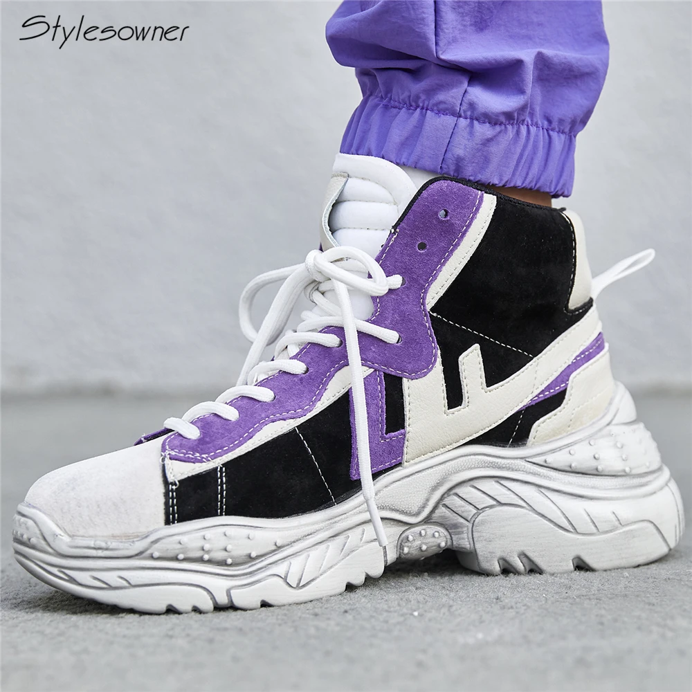 

Stylesowner Women Platform Thick Sole Sneakers Patchwork Suede Leather Lace Up Shoes Tennis Female Dad Sneakers High Top Shoes