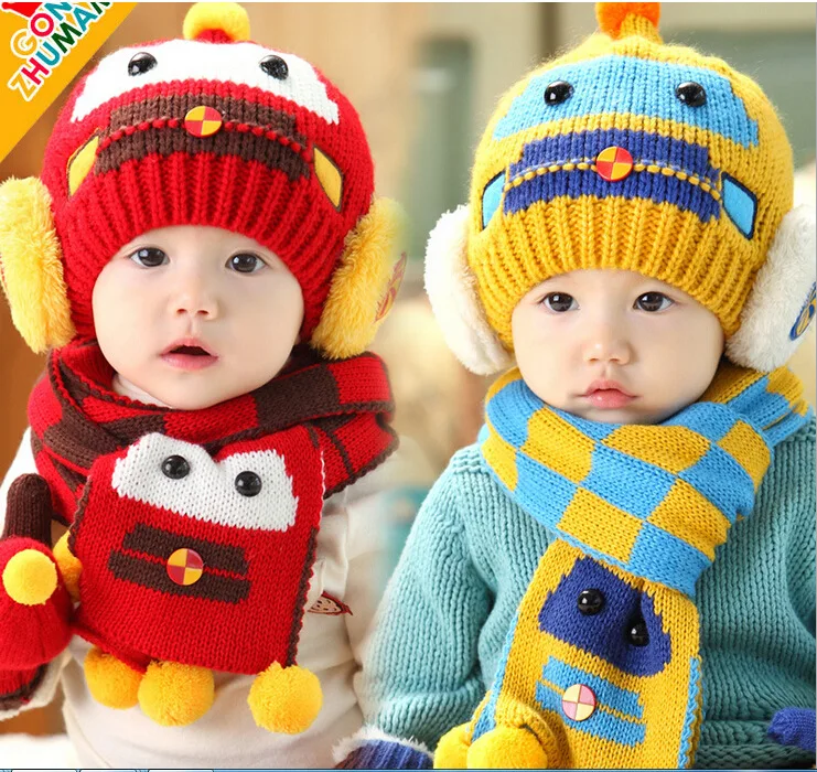 2pcs/set Winter Baby Hat And Scarf Cute Crochet Knitted Caps For Infant