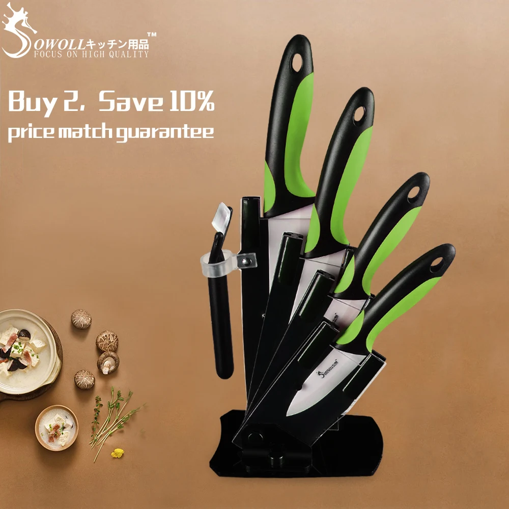 

Sowoll 3'' 4'' 5'' 6'' Ceramic Kitchen Knives 6pcs Set Multi-color Options Handle White Blade Knife Peeler Acrylic Knife Stand