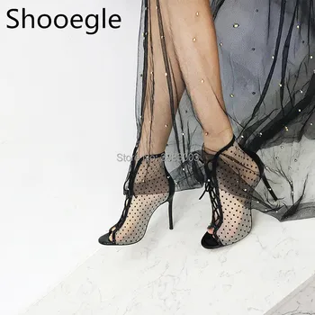 

Sexy Women Breathable Mesh Sandals Peep Toe Women Summer Sandals patchwork Lace Up Ankle Boots Cut Out thin high heel shoes