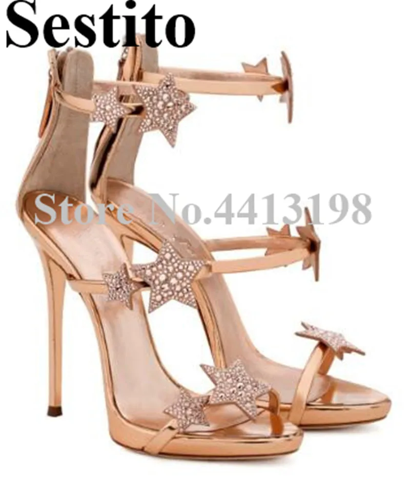 

2019 European Rhinestone Start Decoration Peep Toe Sandals Super High Thin Heels Sandals Front Strap Zip Summer Women's Shoes