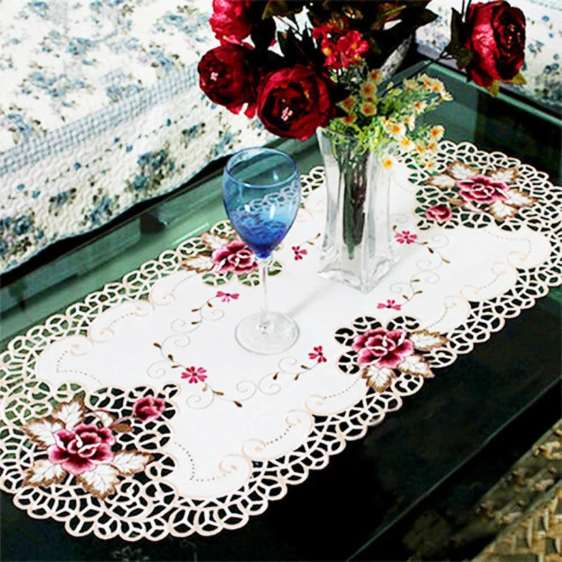 White Embroidered Lace Tablecloth Floral Table Runner Doily Wedding Party Satin