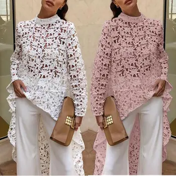 

Chiffon Blouse 2019 Summer Lace Tunic Pullover Long Sleeve Blouse Floral Hollow Out Ladies Sundress