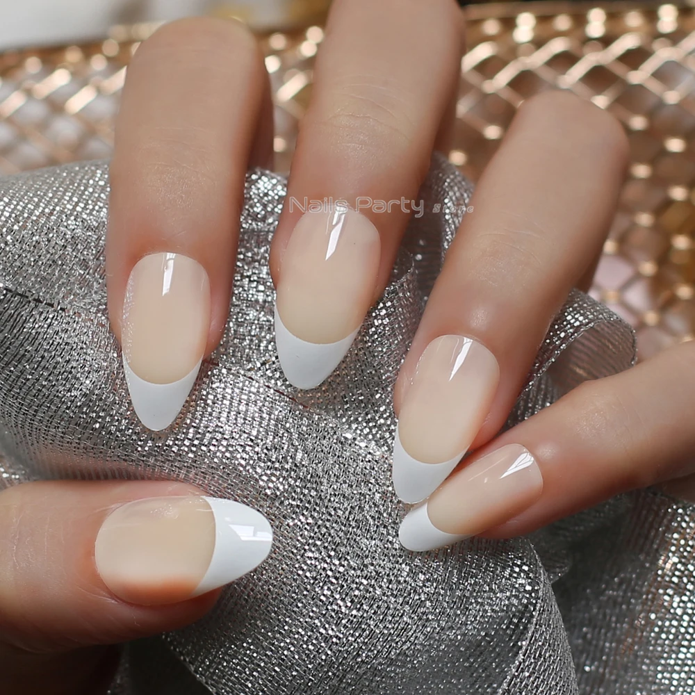 Glossy French 24pcs False Nails Medium Stiletto Natural Semi Glossy French 24pcs False Nails Medium Stiletto Natural Semi Transpa Light Yellow Short Almond