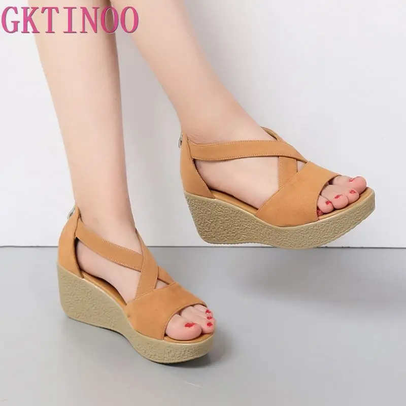 

2019 Women Sandals Platform Women Sandals Lady's Wedges Sandals Summer Genuine Leather Platform Shoes Plus Size 34-43