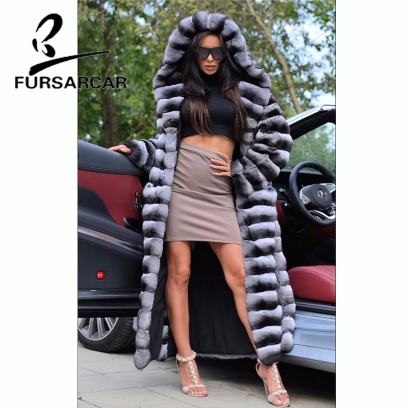 

FURSARCAR 130 CM Long Women Real Fur Coat Fashion New Rex Rabbit Fur Coat With Fur Hood Luxury Winter Rabbit Fur Jacket