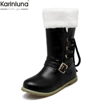 KARINLUNA/Новое поступление, Прямая поставка, большие размеры 30-52, женские зимние ботинки, обувь зимние плюшевые русские зимние ботинки на плоской подошве с перекрестной шнуровкой, женская обувь