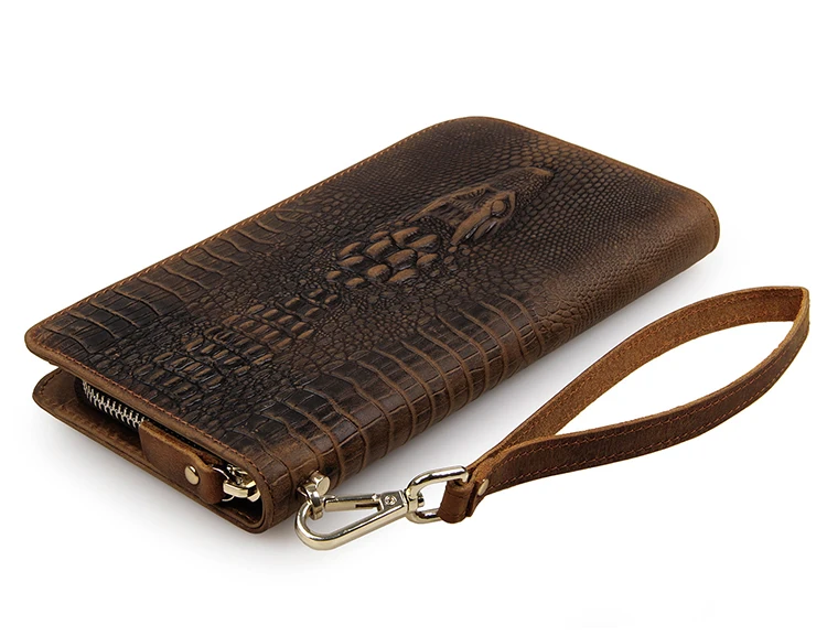 

JMD Crazy Horse Leather Card Case Embossed Alligator Pattern Brown Notecase Long Wallet Clutch Bag 8068R