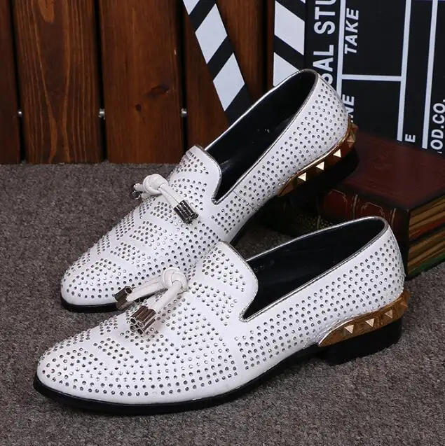 

2018 New Arrival Follwwith Brand Design Smoking Crystal Studs Front Knot Slip On Men Shoes Rivets Stud Square Heel Party Male