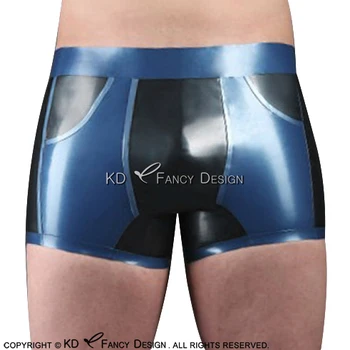 

Blue With Black Trims Sexy Latex Boxer Shorts With Pockets Rubber Boy Shorts Underpants Underwear Briefs DK-0150