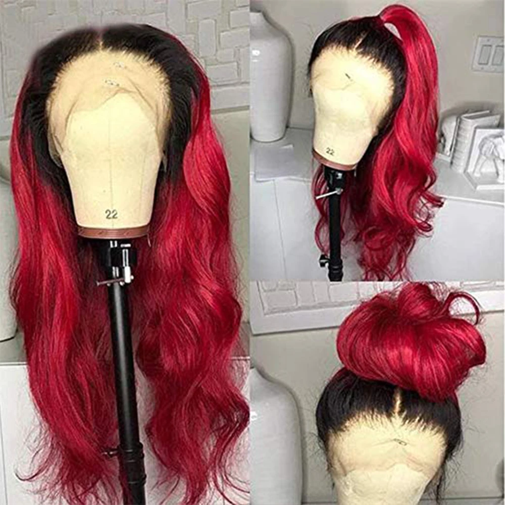 

SimBeauty Ombre Color 1B/Red Lace Front Wigs Human Hair Body Wave Brazilian Remy Hair Glueless Pre Plucked with Natural Hairline