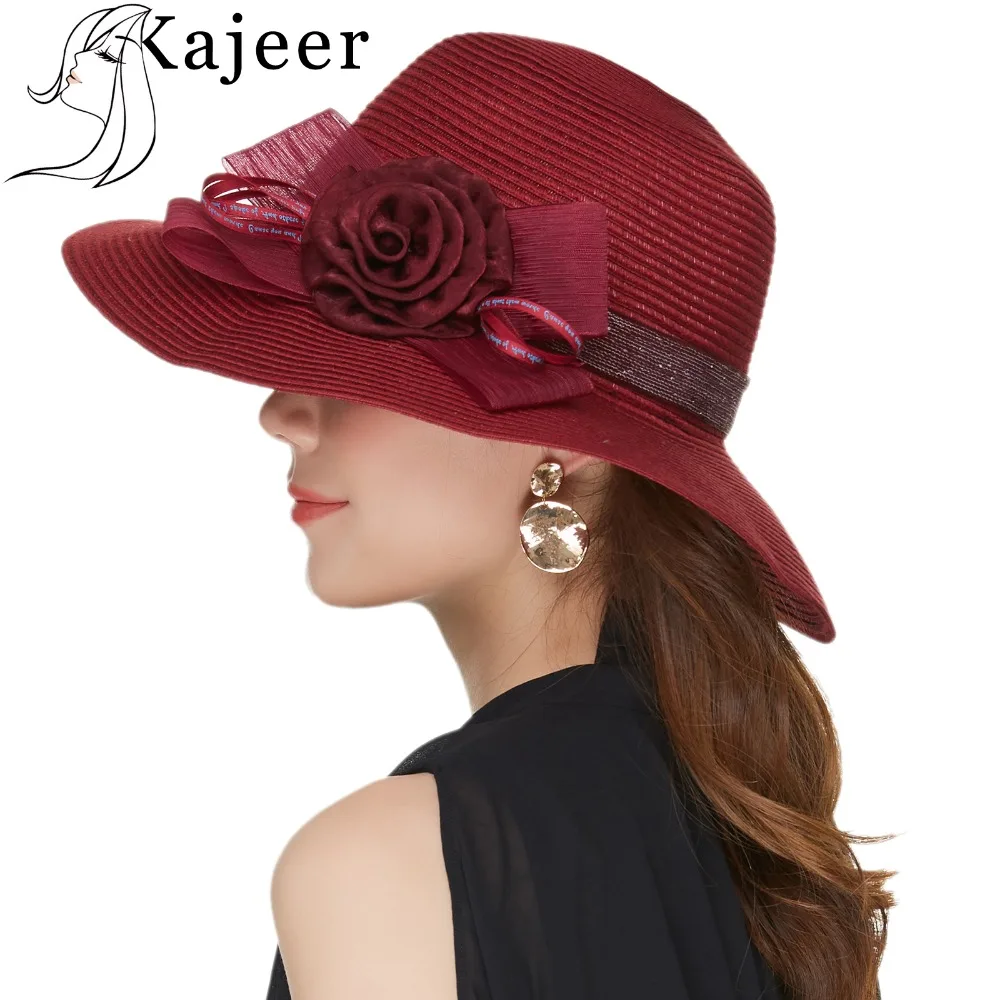 

Kajeer Wine Red Boho Style Casual Summer Hat For Women Big Bows Ladies Floppy Sun Beach Straw Hat Wide Brimmed Sun Hat Female