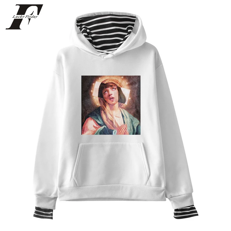 Kpop Virgin Mary Fake Two Piece Pullover Hoodies Sweatshirts 2019 Hip Hop Fashion Male Casual Streetwear Swag | Мужская одежда