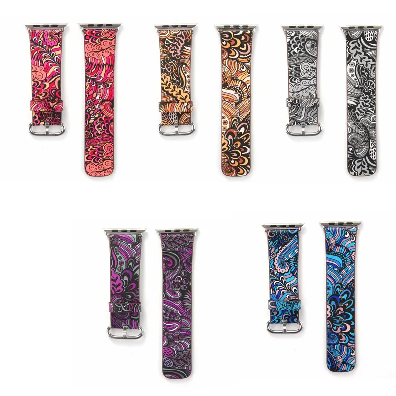  Leather Band Strap for Apple Watch 38 40/42 44mm Series 1/2/3/4 Flower Prints Vintage Floral National Folk Style Design Belt