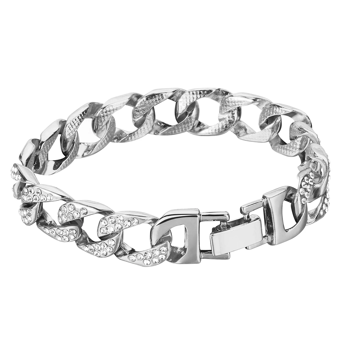 Men Hip Hop Curb Cuban Link Chain Bracelet Silver Color Iced Out Rhinestones Bracelet Rapper Rock Crystal Bracelets&Bangles