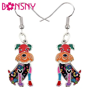

Bonsny Enamel Alloy Floral Happy Sitting Schnauzer Dog Earrings Drop Dangle Big Long Novelty Animal Jewelry For Women Girls Gift