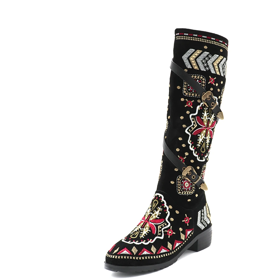 ENMAYLA/кожаная обувь с вышивкой в национальном стиле женские мотоциклетные ботинки с пряжкой женские зимние сапоги до колена на низком каблуке с круглым носком