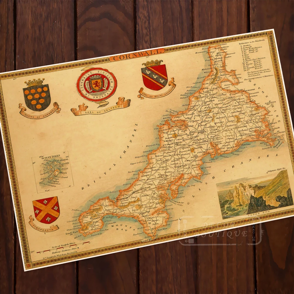

British Map of Cornwall in UK England Classic Vintage Retro Kraft Decorative Poster Maps Home Bar Posters Wall Canvas Sticker D