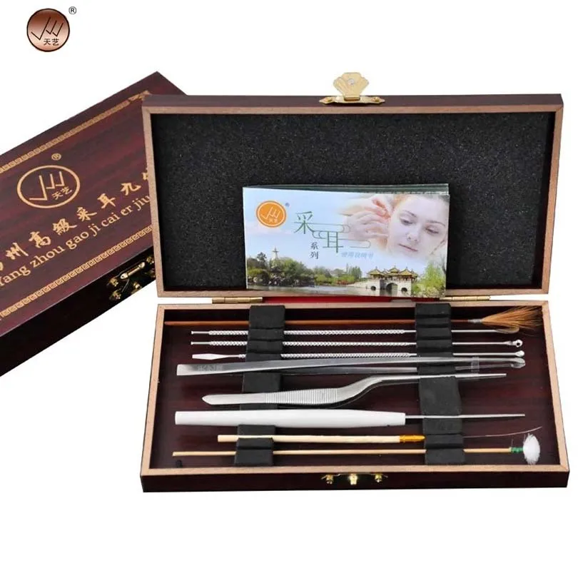 

High Quality Ear Wax Removal Tool Ear Cleaner Hearing Pick Care Kit with Wood Case
